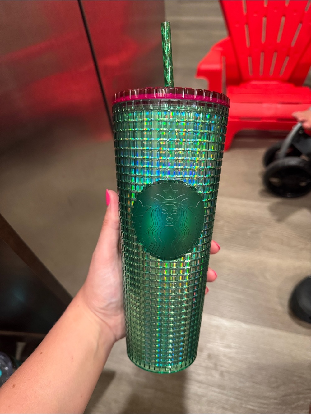 Starbucks Green Iridescent Studded Tumbler with Pink Rim and Green Straw